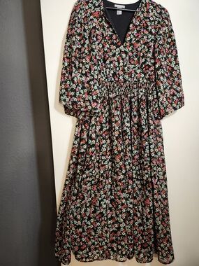 H&M Black Dress with Pink & Green Floral Print -Size 8